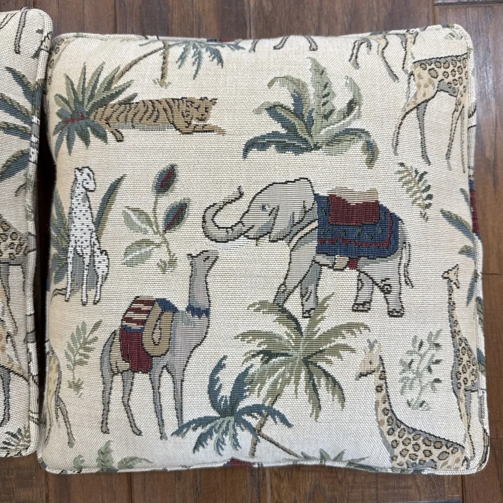 Vintage Needlepoint‎ Safari Pillow Set 2 Elephant Camel Giraffe Tiger Animal Art